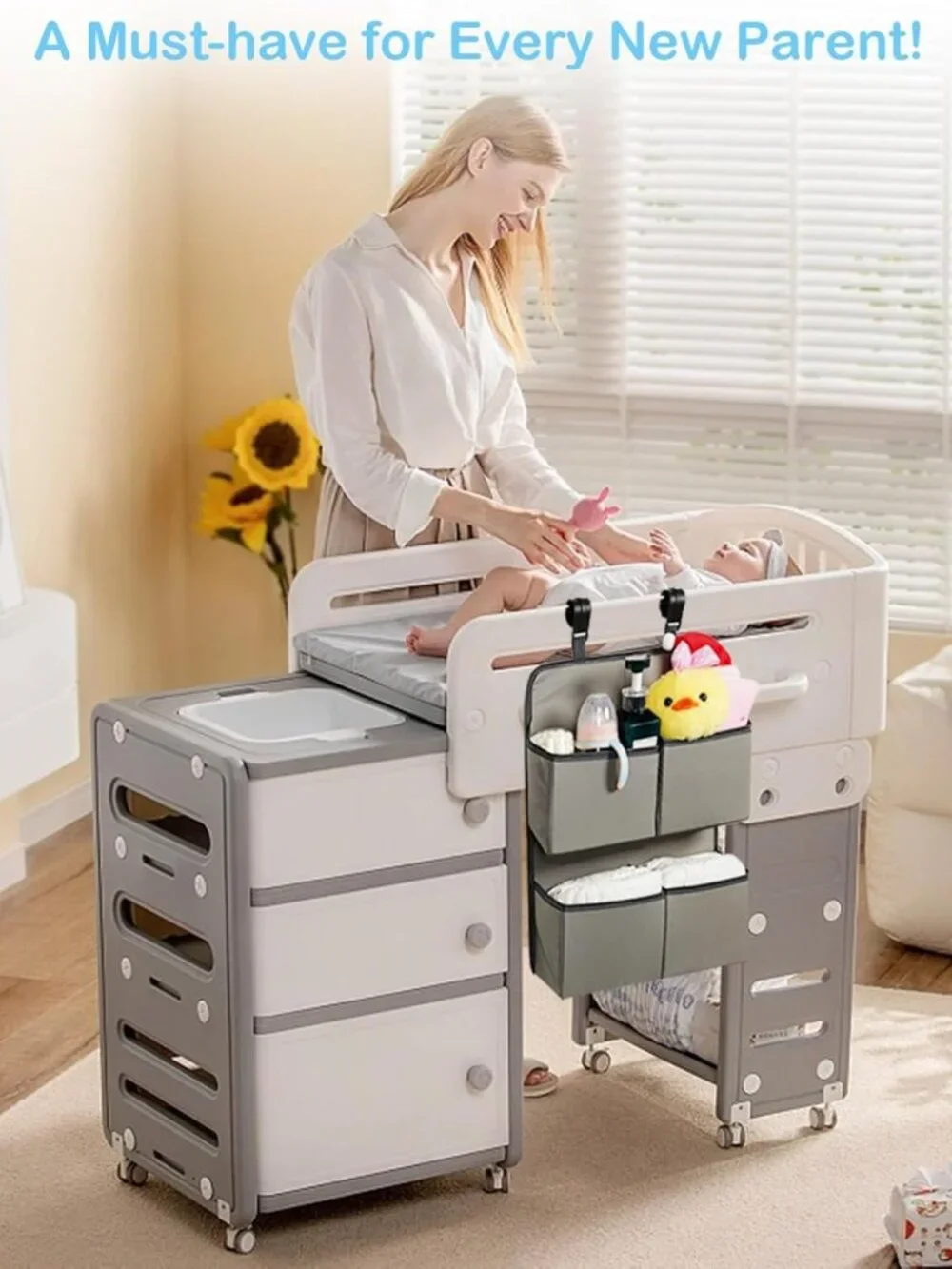 Hanging Diaper Organizer for Nursery - Holds 80+ Diapers, 4 Deep Pockets, Gray